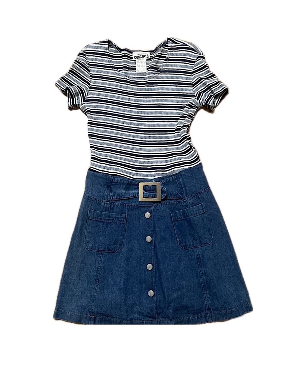 Vintage Concepts Striped Baby Tee & Belted Denim Mini Skirt One-Piece Dress
